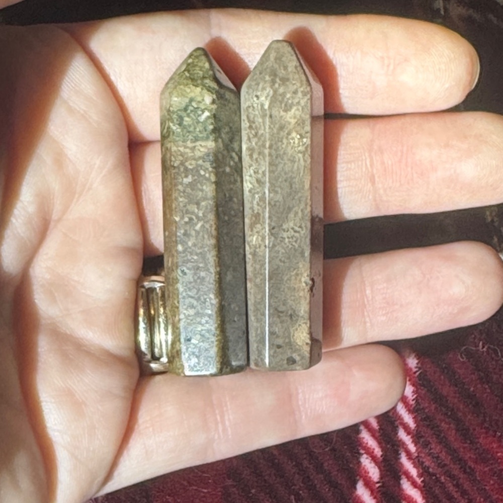 Natural crystal Double Point Tower Pair - Olive Green Gray